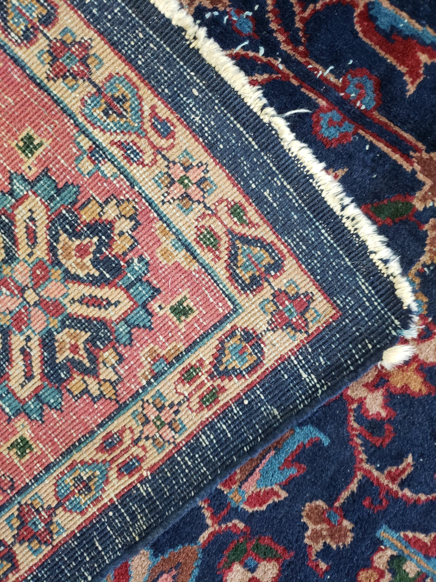 SOLD - Antique Turkish Rug, c. 1940's, Rose & Navy, 8'x10'