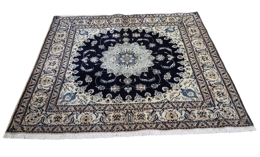 Square Navy Persian Rug, Vintage Tabas Nain, 6x6