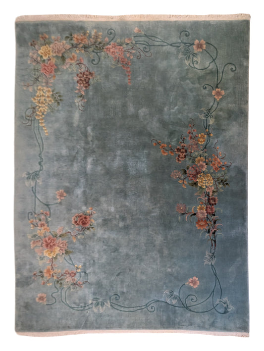 Art Deco Chinese Rug, 9x12, "The Teal Haven"