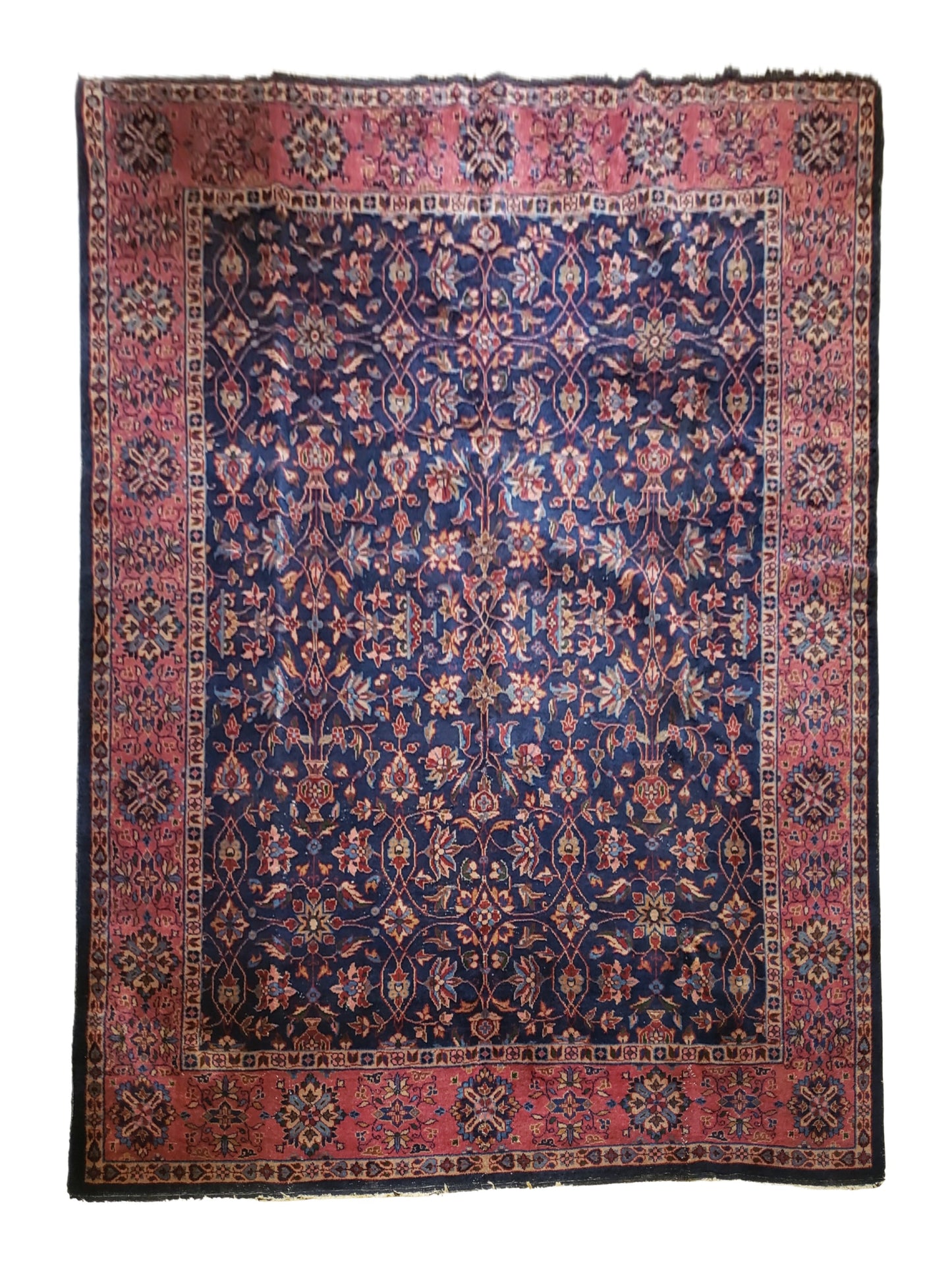 SOLD - Antique Turkish Rug, c. 1940's, Rose & Navy, 8'x10'
