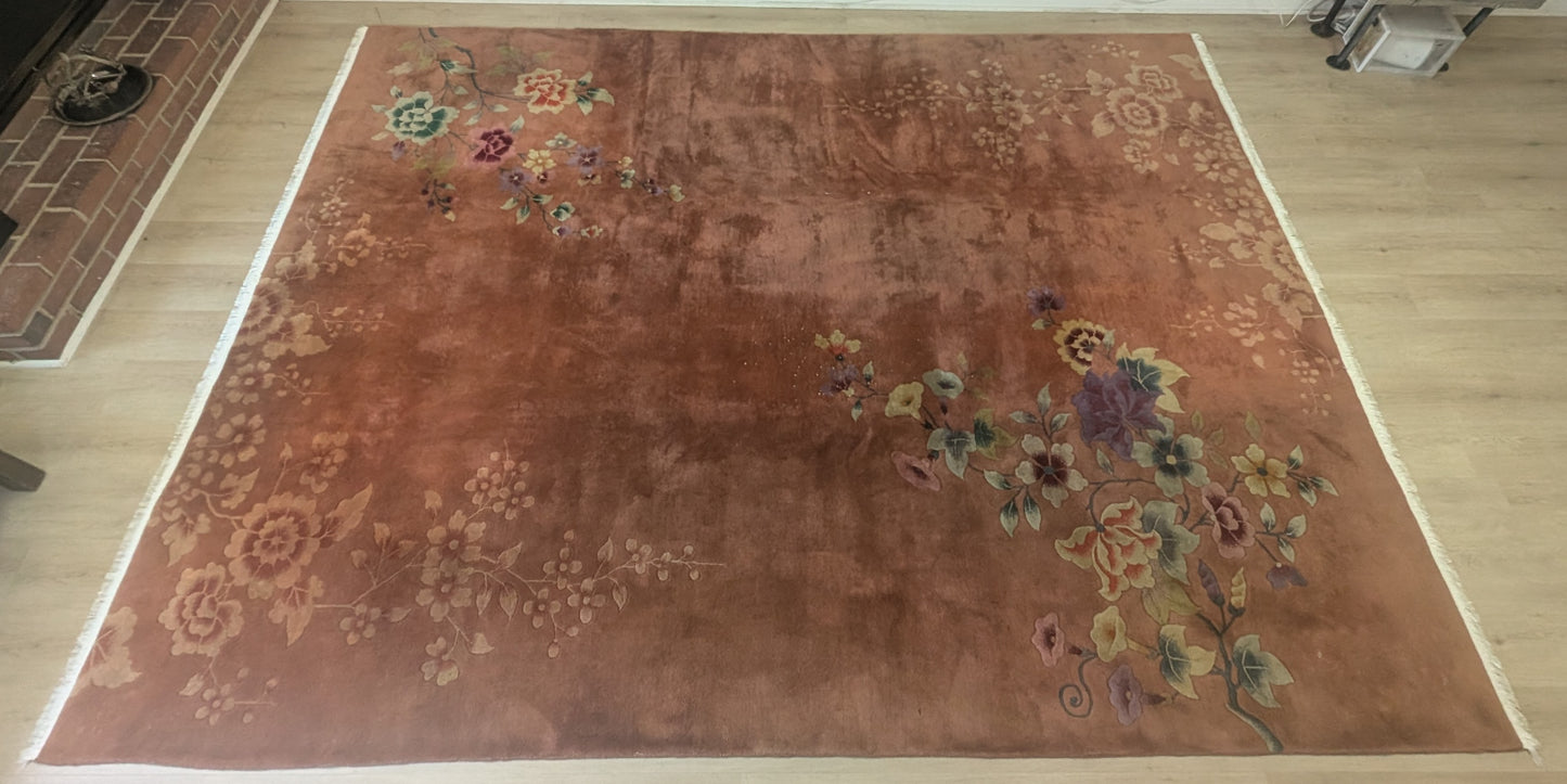 Antique Chinese Art Deco Rug, 9x11, 'The Terracotta Peach'