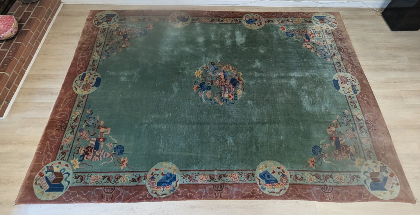 Antique Chinese Art Deco Rug, 8x11, "Mystic Teal & Cocoa"