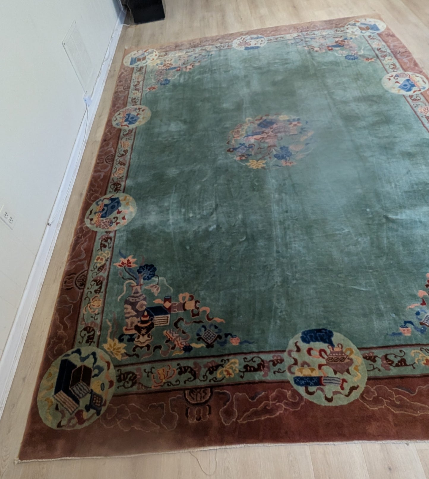 Antique Chinese Art Deco Rug, 8x11, "Mystic Teal & Cocoa"