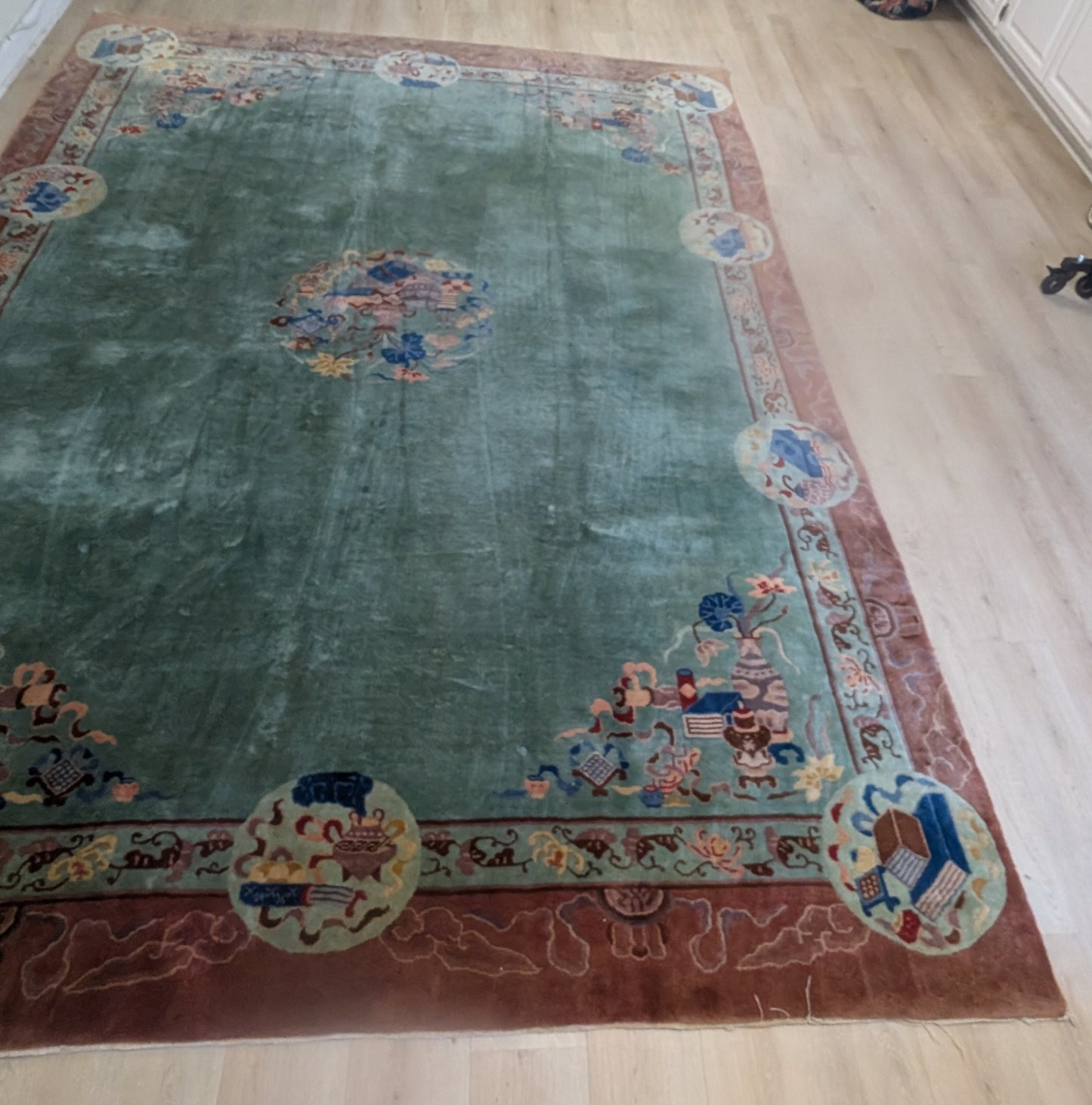 Antique Chinese Art Deco Rug, 8x11, "Mystic Teal & Cocoa"
