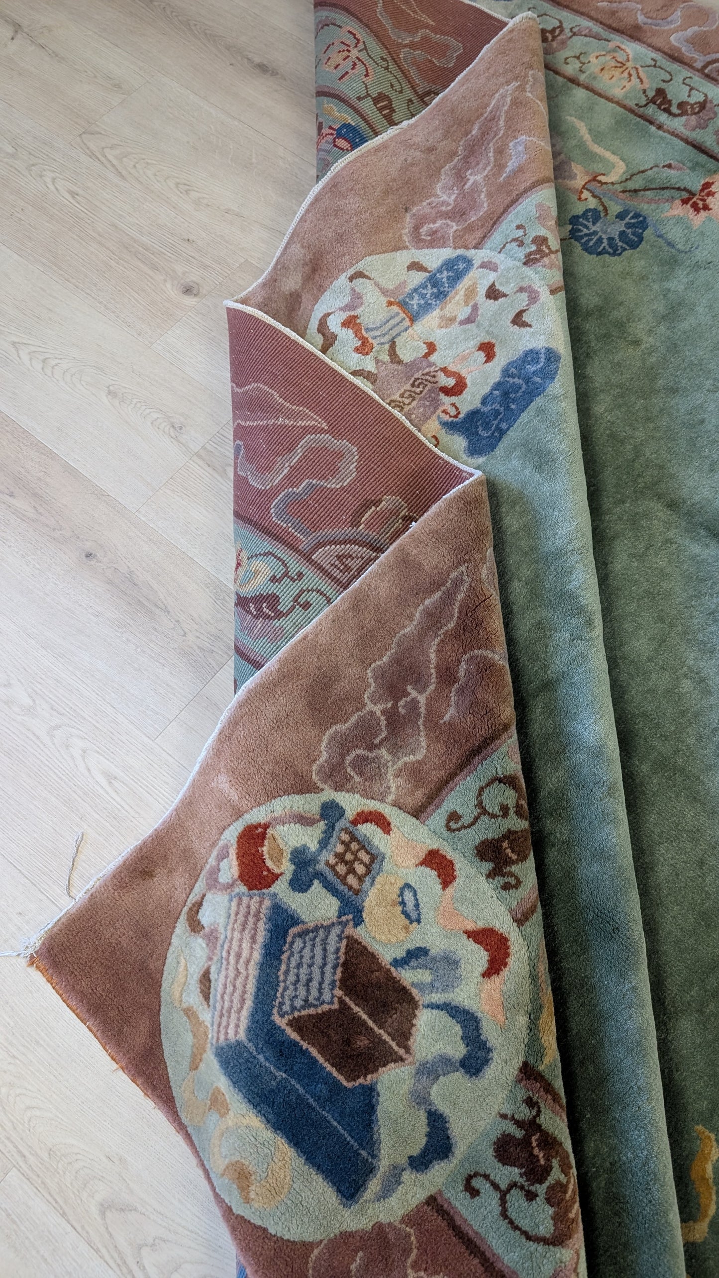 Antique Chinese Art Deco Rug, 8x11, "Mystic Teal & Cocoa"