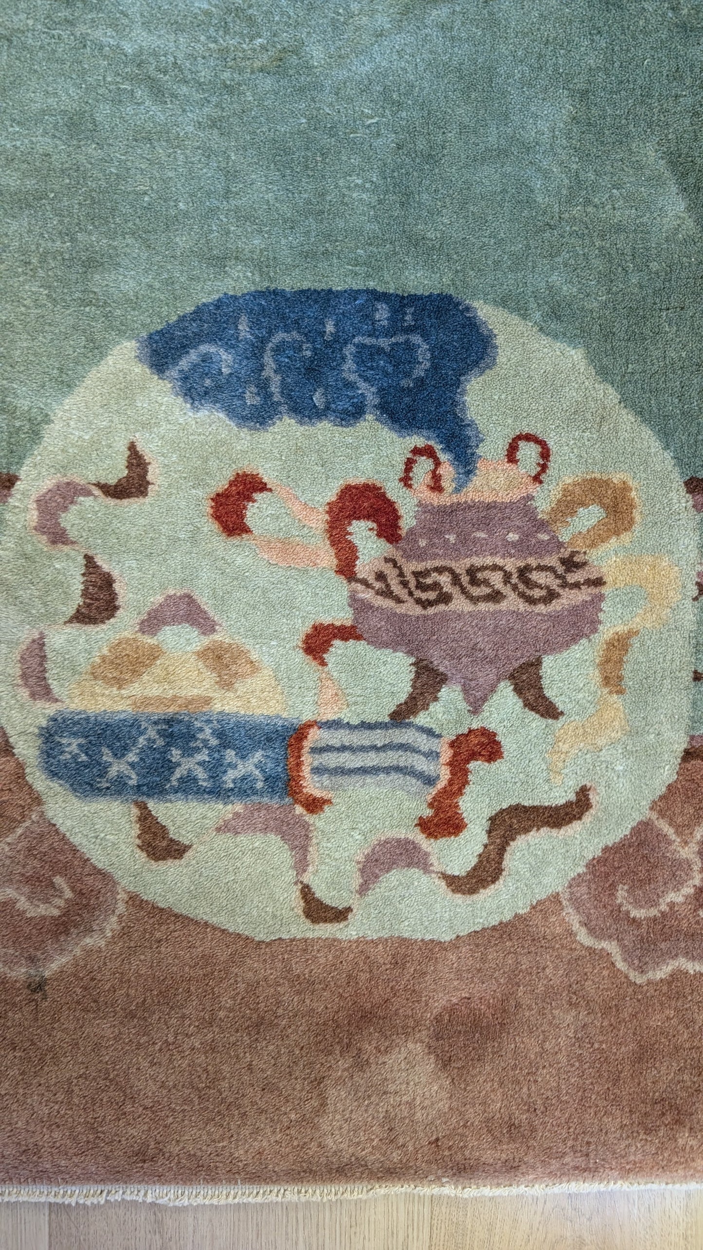 Antique Chinese Art Deco Rug, 8x11, "Mystic Teal & Cocoa"