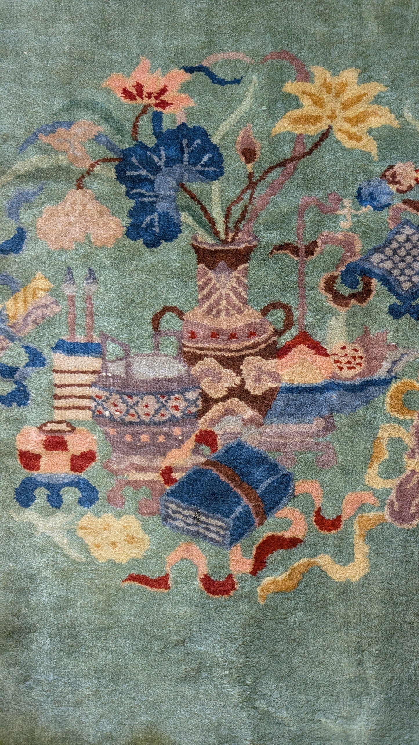 Antique Chinese Art Deco Rug, 8x11, "Mystic Teal & Cocoa"
