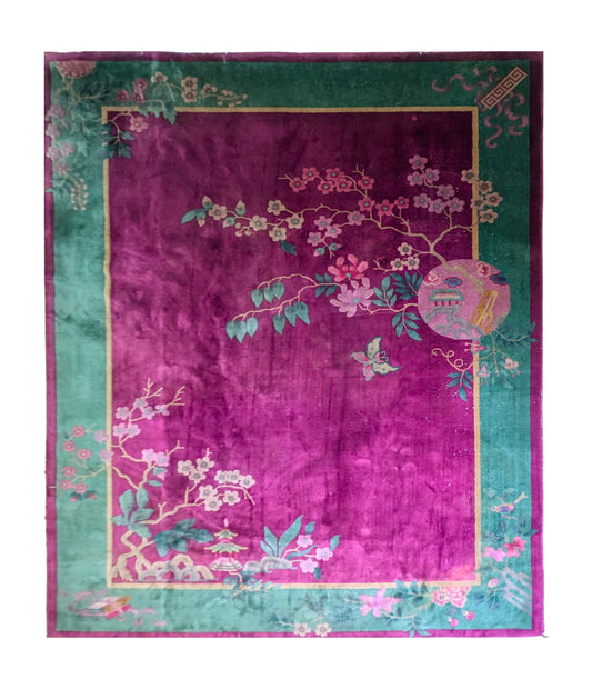 Antique Chinese Art Deco Rug, 9x11 - The Blushing Lotus Retreat