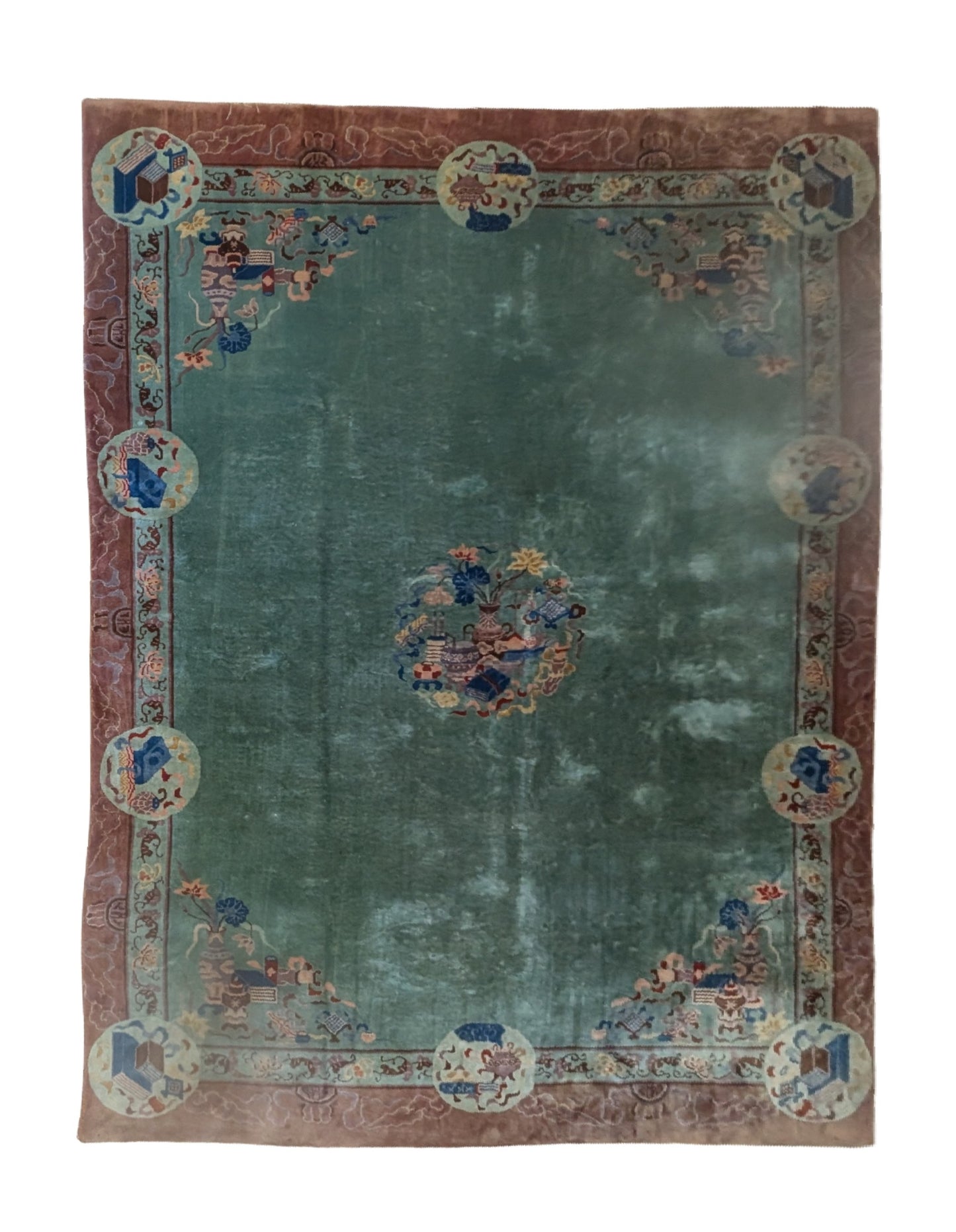 Antique Chinese Art Deco Rug, 8x11, "Mystic Teal & Cocoa"