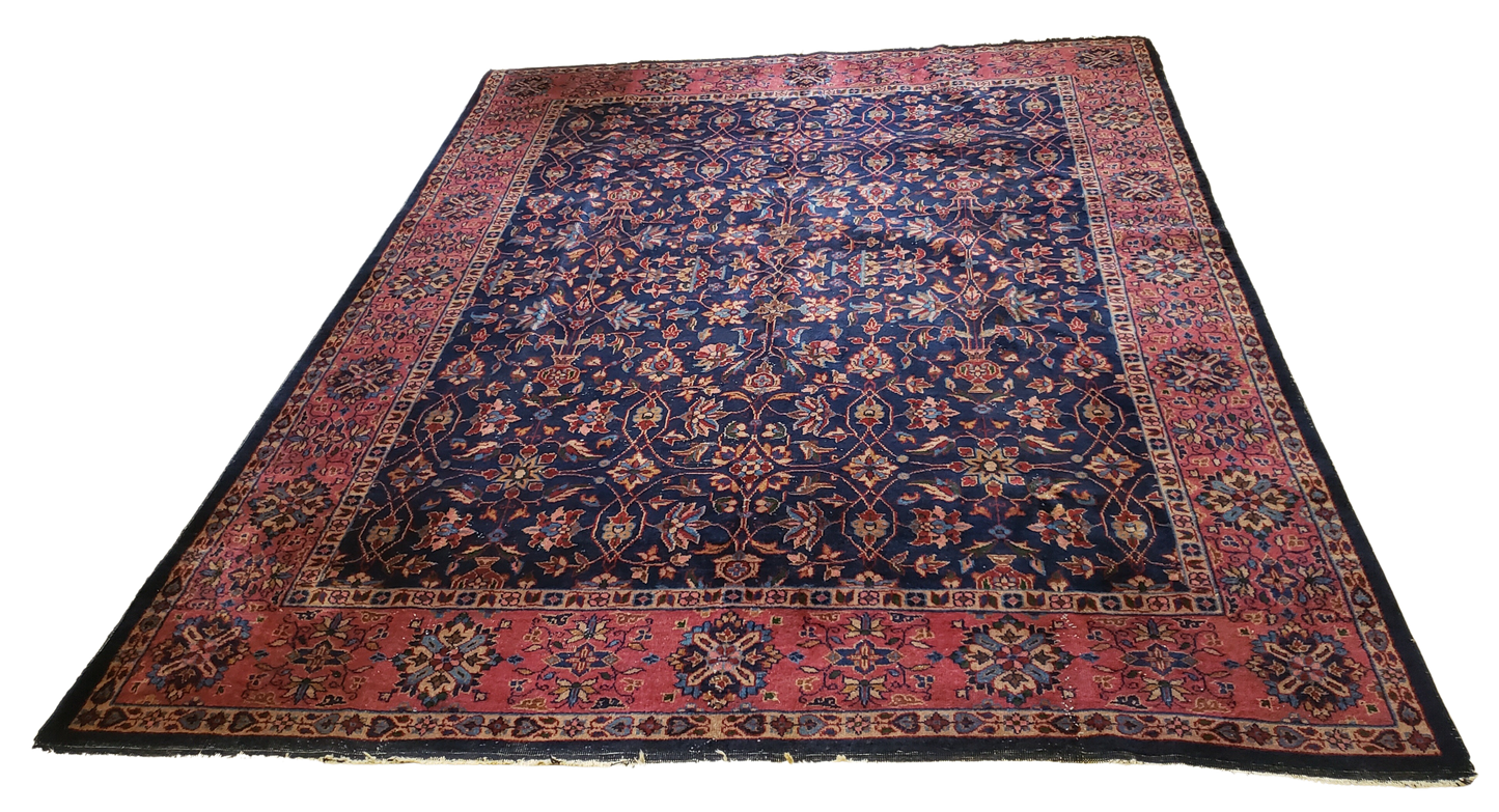 SOLD - Antique Turkish Rug, c. 1940's, Rose & Navy, 8'x10'