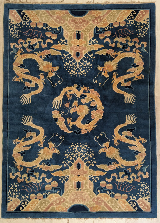 Vintage Chinese Dragon Rug 5x6, "The Heavenly Guardians"