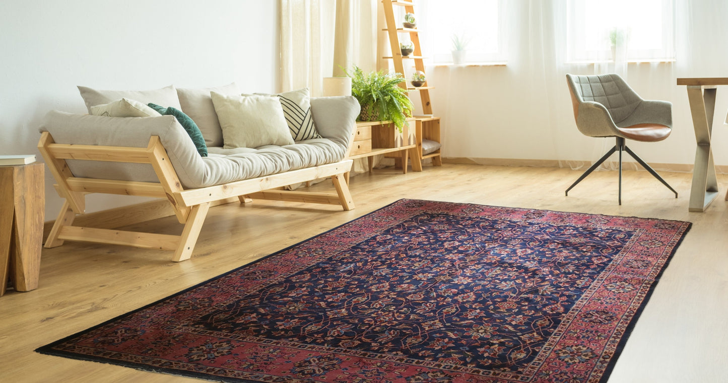 SOLD - Antique Turkish Rug, c. 1940's, Rose & Navy, 8'x10'