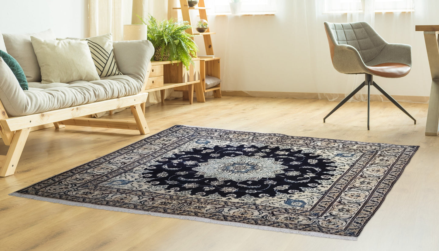 Square Navy Persian Rug, Vintage Tabas Nain, 6x6