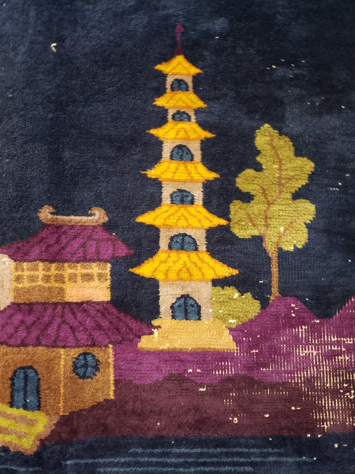 SOLD - Nichols Art Deco Chinese Rug, 8x10 - "Pagoda Island Night"