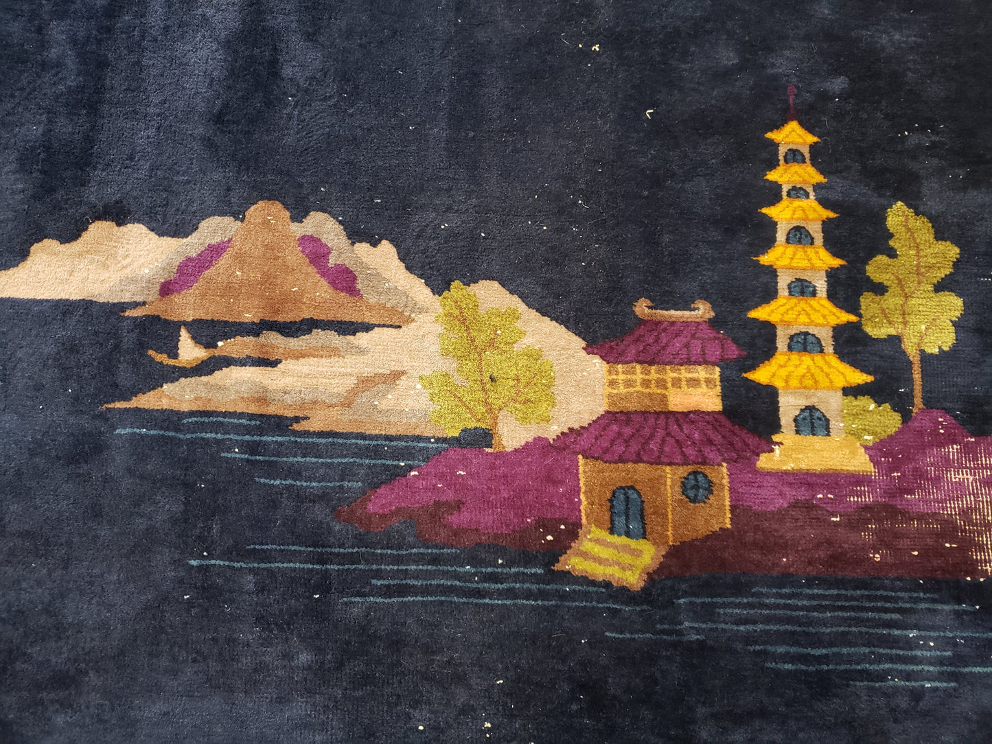 SOLD - Nichols Art Deco Chinese Rug, 8x10 - "Pagoda Island Night"