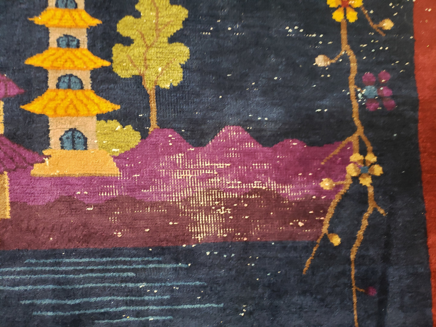 SOLD - Nichols Art Deco Chinese Rug, 8x10 - "Pagoda Island Night"