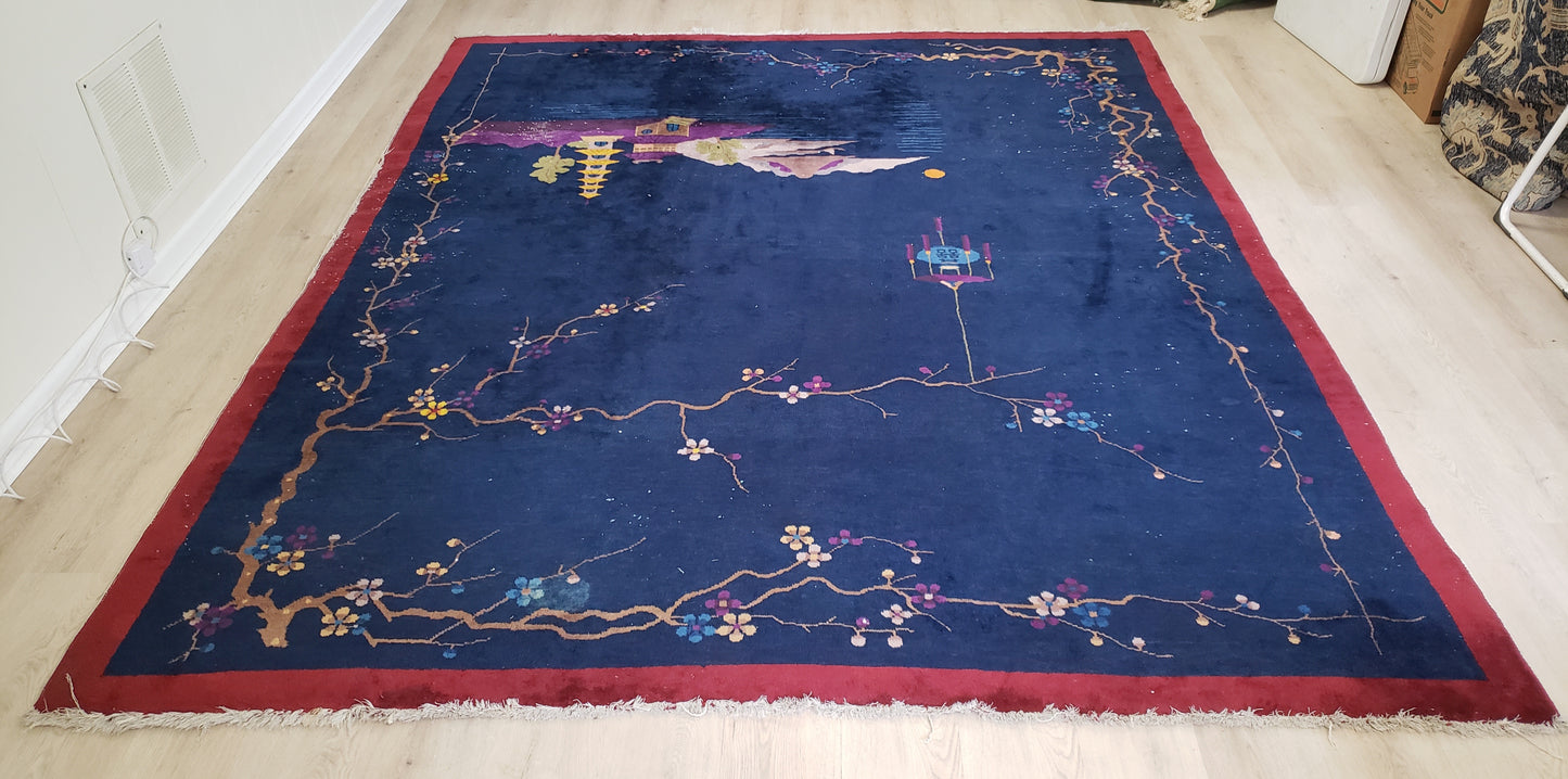 SOLD - Nichols Art Deco Chinese Rug, 8x10 - "Pagoda Island Night"