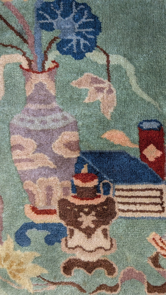 Antique Chinese Art Deco Rug, 8x11, "Mystic Teal & Cocoa"