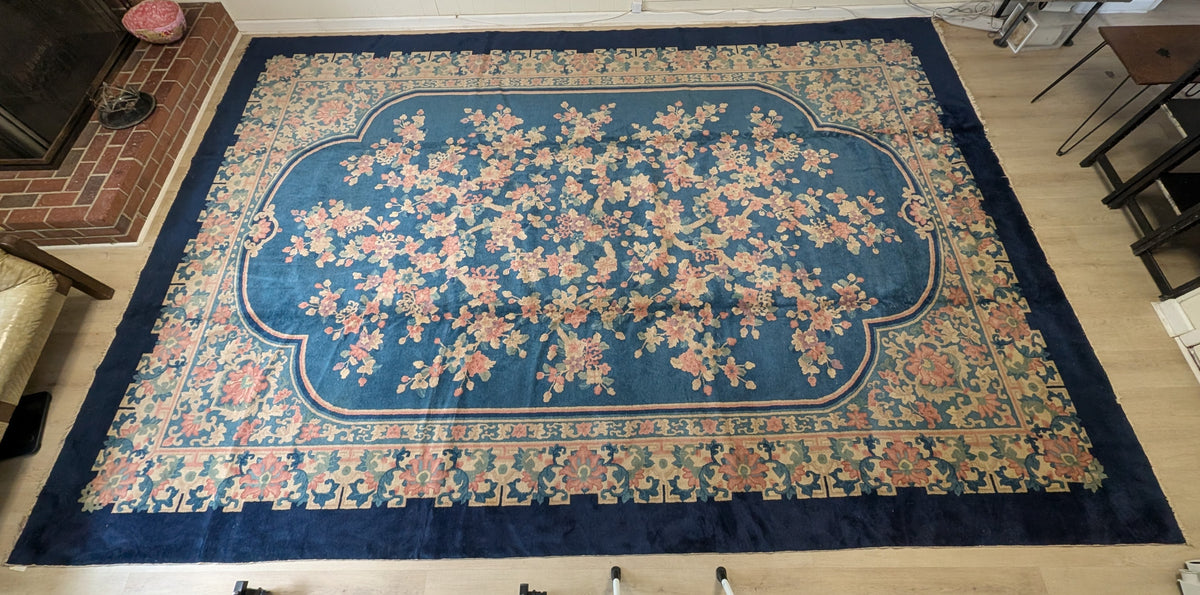 Antique Chinese Art Deco Rug, 11x16, "Palace Blossoms at Dusk"