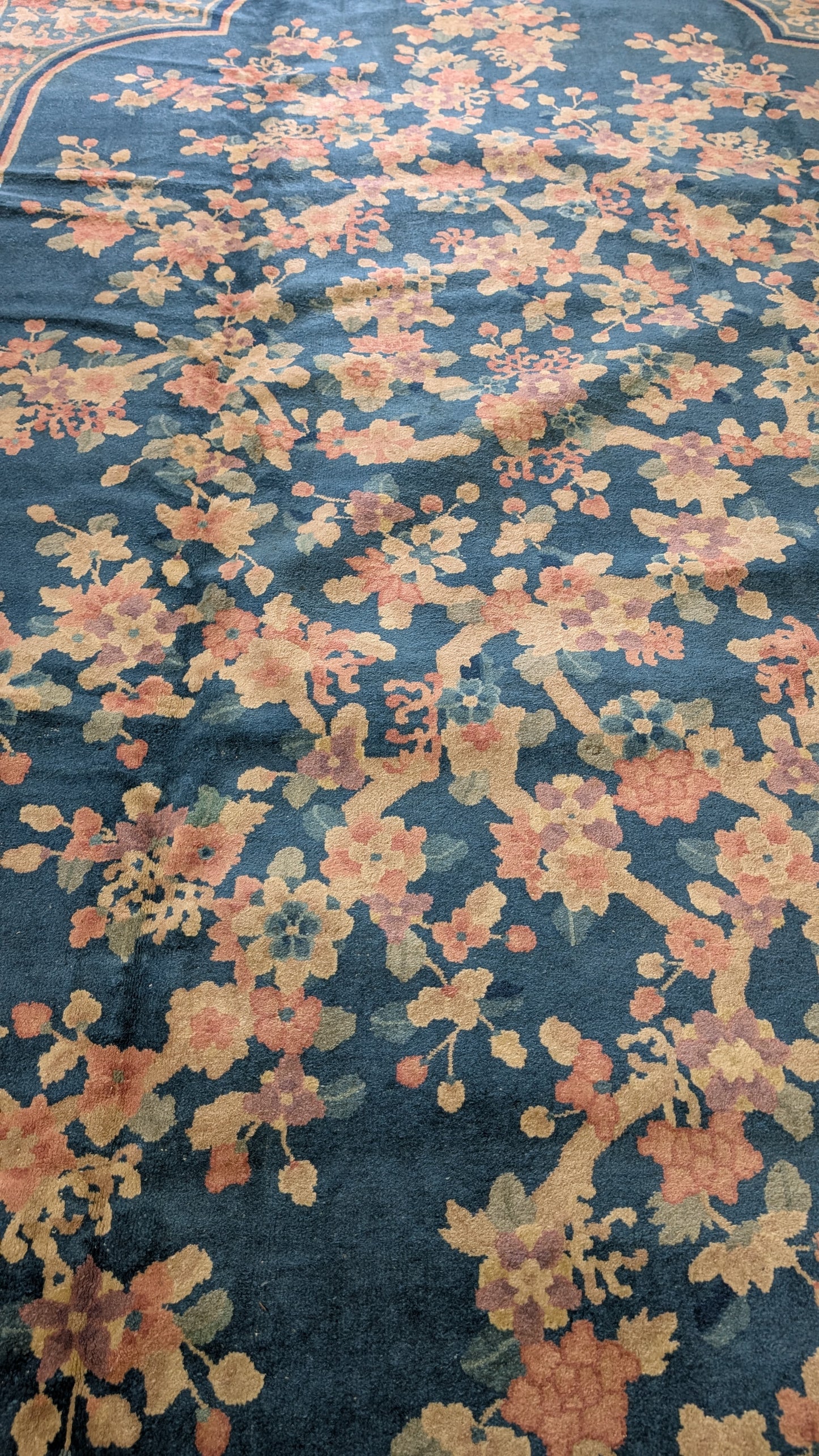 Antique Chinese Art Deco Rug, 11x16, "Palace Blossoms at Dusk"
