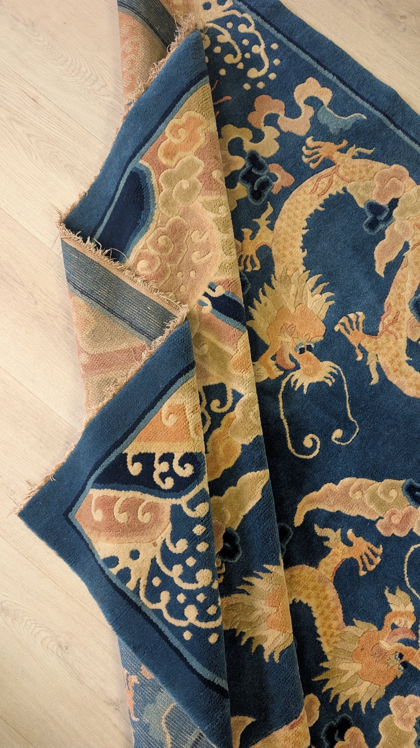 Vintage Chinese Dragon Rug 5x6, "The Heavenly Guardians"