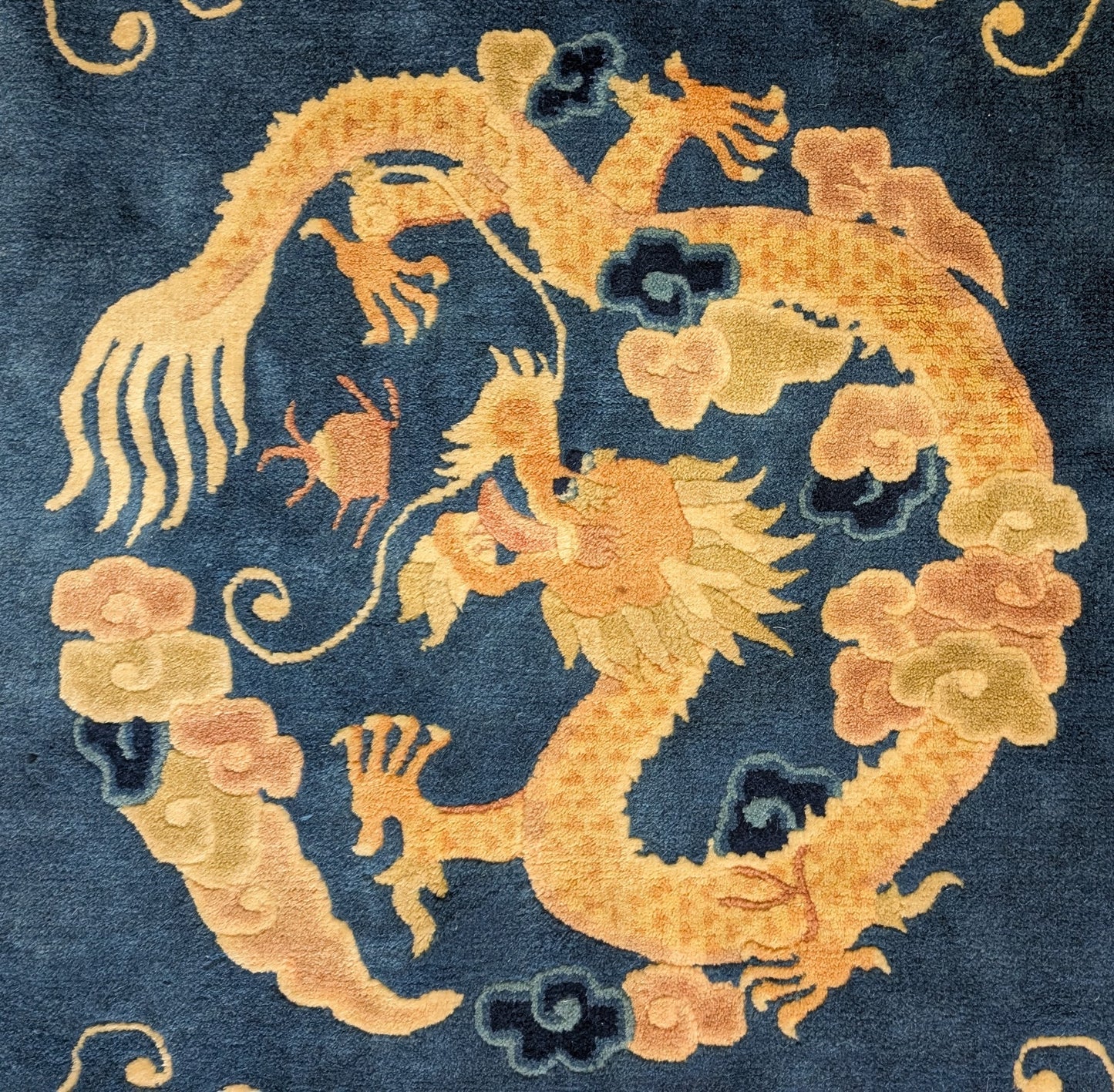 Vintage Chinese Dragon Rug 5x6, "The Heavenly Guardians"