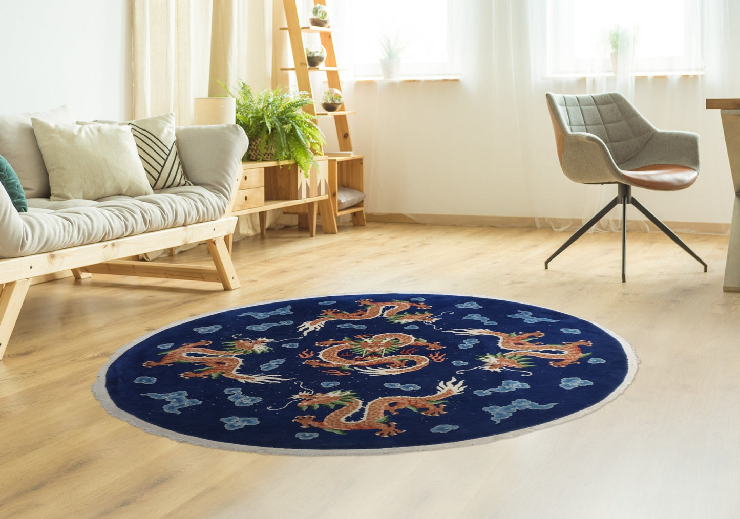 SOLD - Chinese Dragon Rug, Round, 6' diameter, "Antique Dragon Sky"